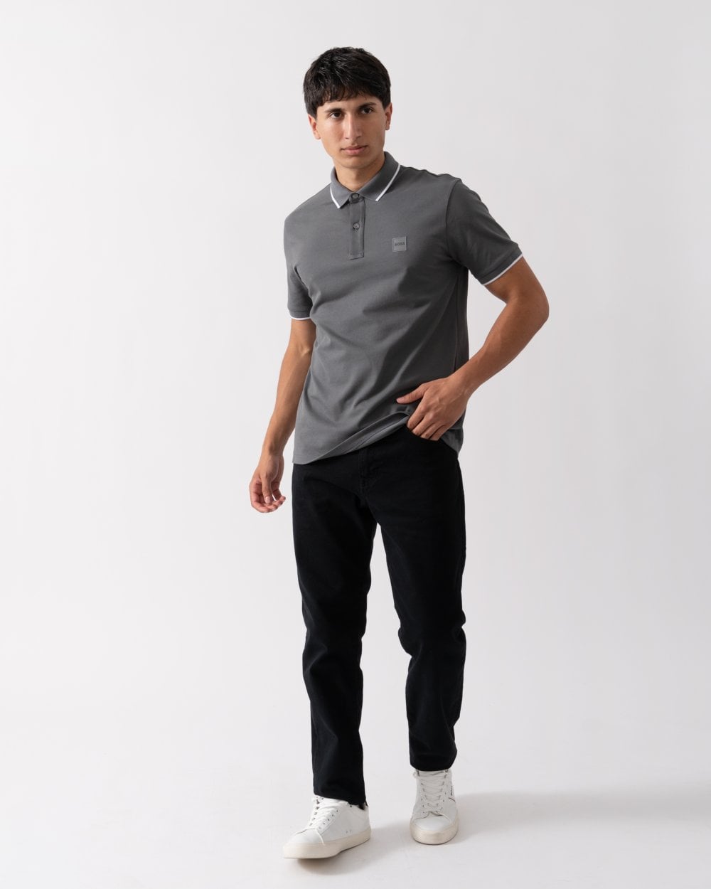 BOSS Orange Passertip Mens Short Sleeve Polo Shirt With Tipped Collar - Dark Grey 029