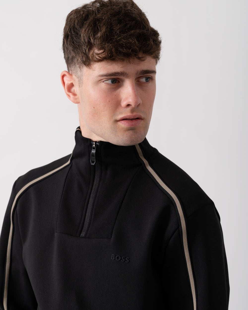 BOSS Green Sweat 1 Mens 1/4 Zip Sweatshirt with Contrast Piping - Black 001