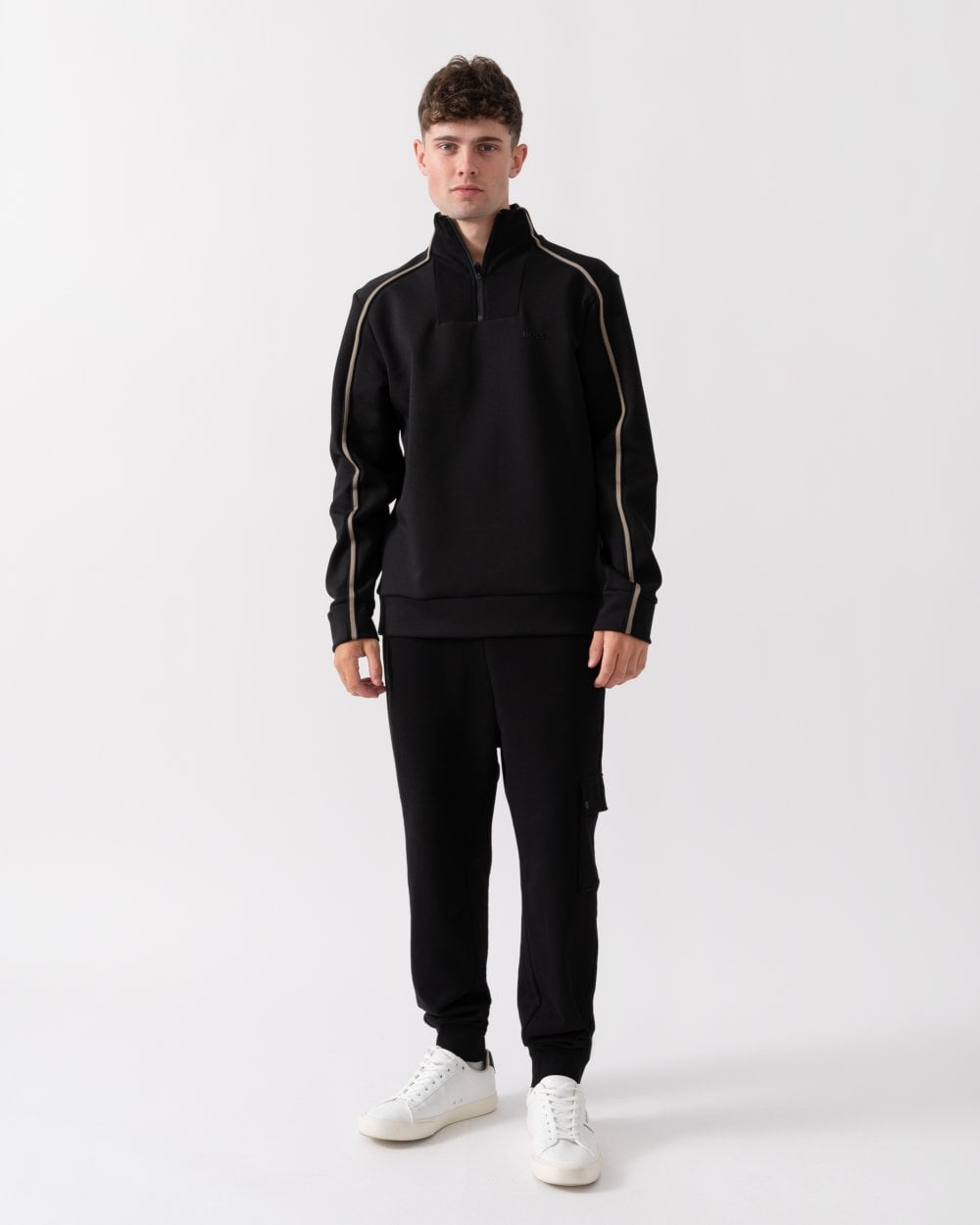 BOSS Green Sweat 1 Mens 1/4 Zip Sweatshirt with Contrast Piping - Black 001