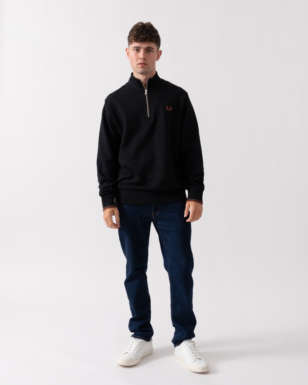 Fred Perry Mens Half Zip Sweatshirt - Black/Whisky Brown X56