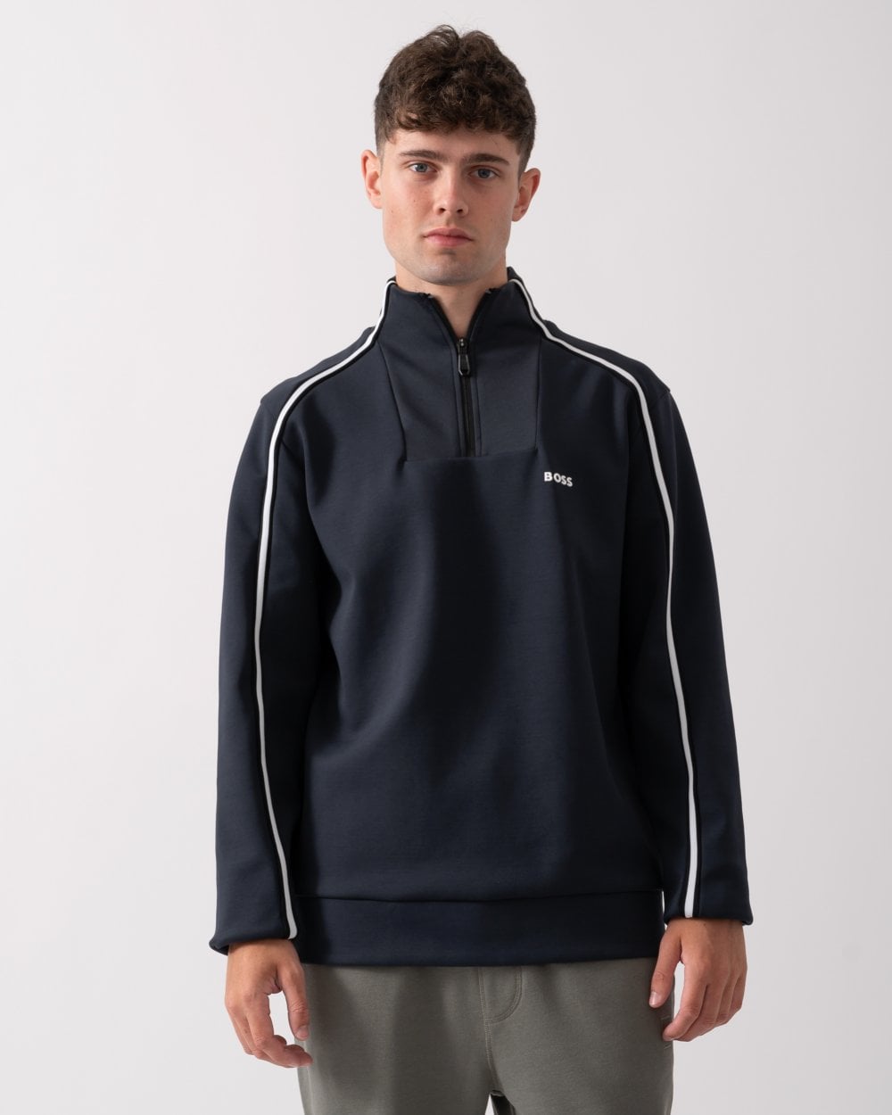 BOSS Green Sweat 1 Mens 1/4 Zip Sweatshirt with Contrast Piping - Dark Blue 402