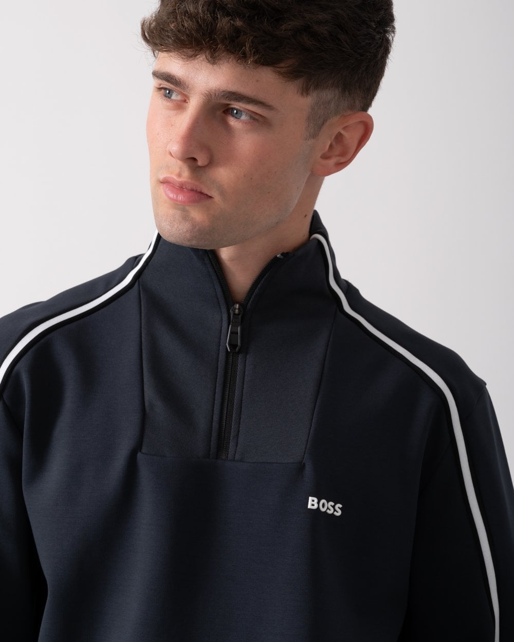 BOSS Green Sweat 1 Mens 1/4 Zip Sweatshirt with Contrast Piping - Dark Blue 402