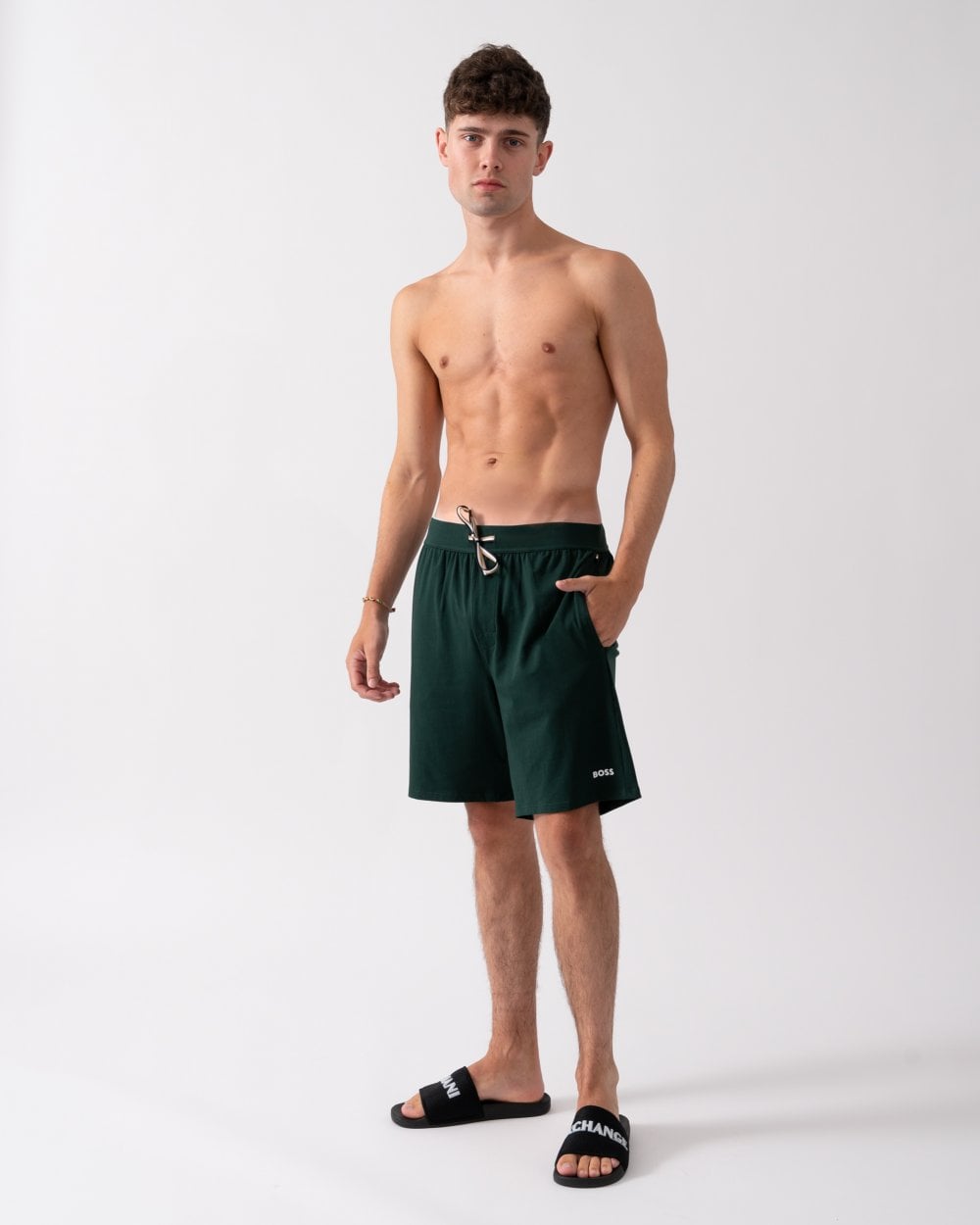 BOSS Orange Unique Mens Stretch-Cotton Pyjama Shorts with Logo Print - Open Green 385