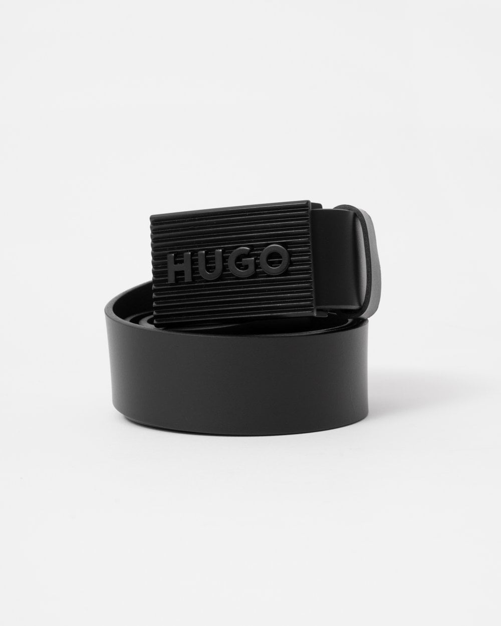 HUGO Gilad Mens Italian Leather Belt With Matte-Black Logo Plaque Buckle