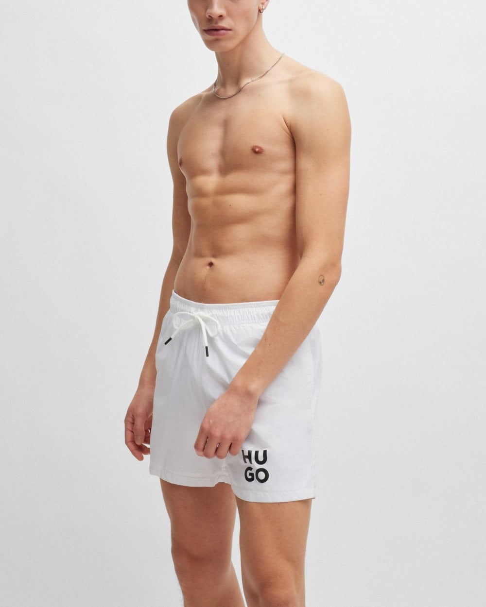 HUGO PAOL Mens Fully Lined Swim Shorts with Stacked Logo - White 100