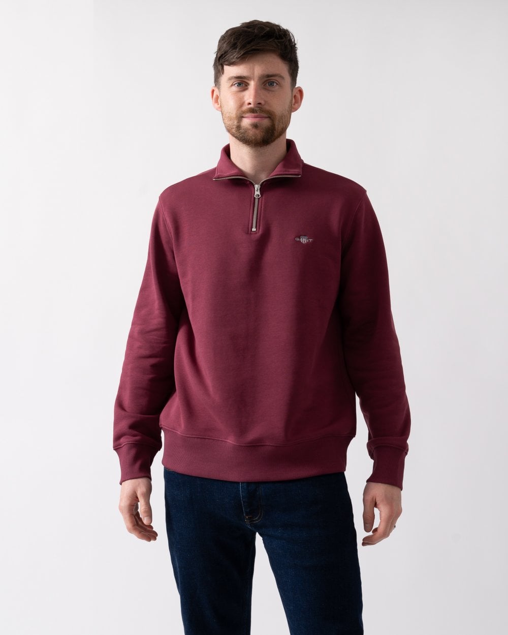 GANT Mens Regular Fit Shield Logo Half Zip Sweatshirt - 638 Wine Red
