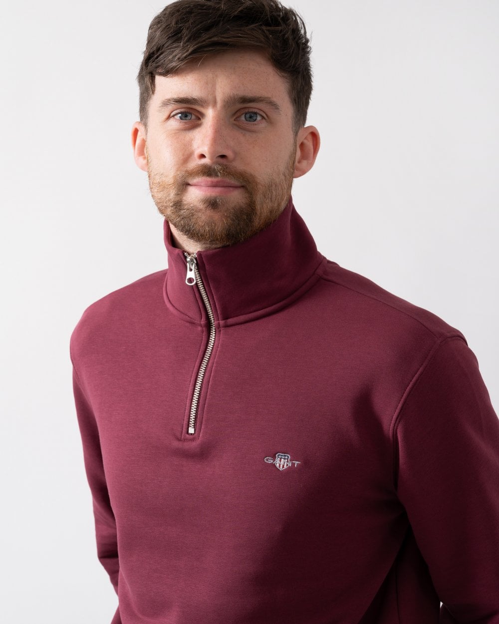 GANT Mens Regular Fit Shield Logo Half Zip Sweatshirt - 638 Wine Red