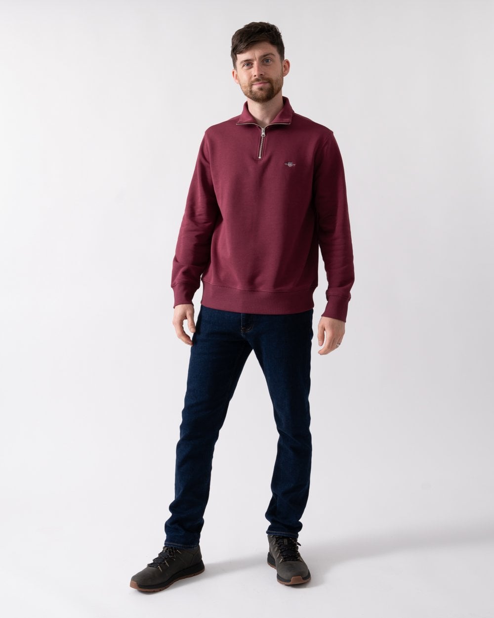 GANT Mens Regular Fit Shield Logo Half Zip Sweatshirt - 638 Wine Red