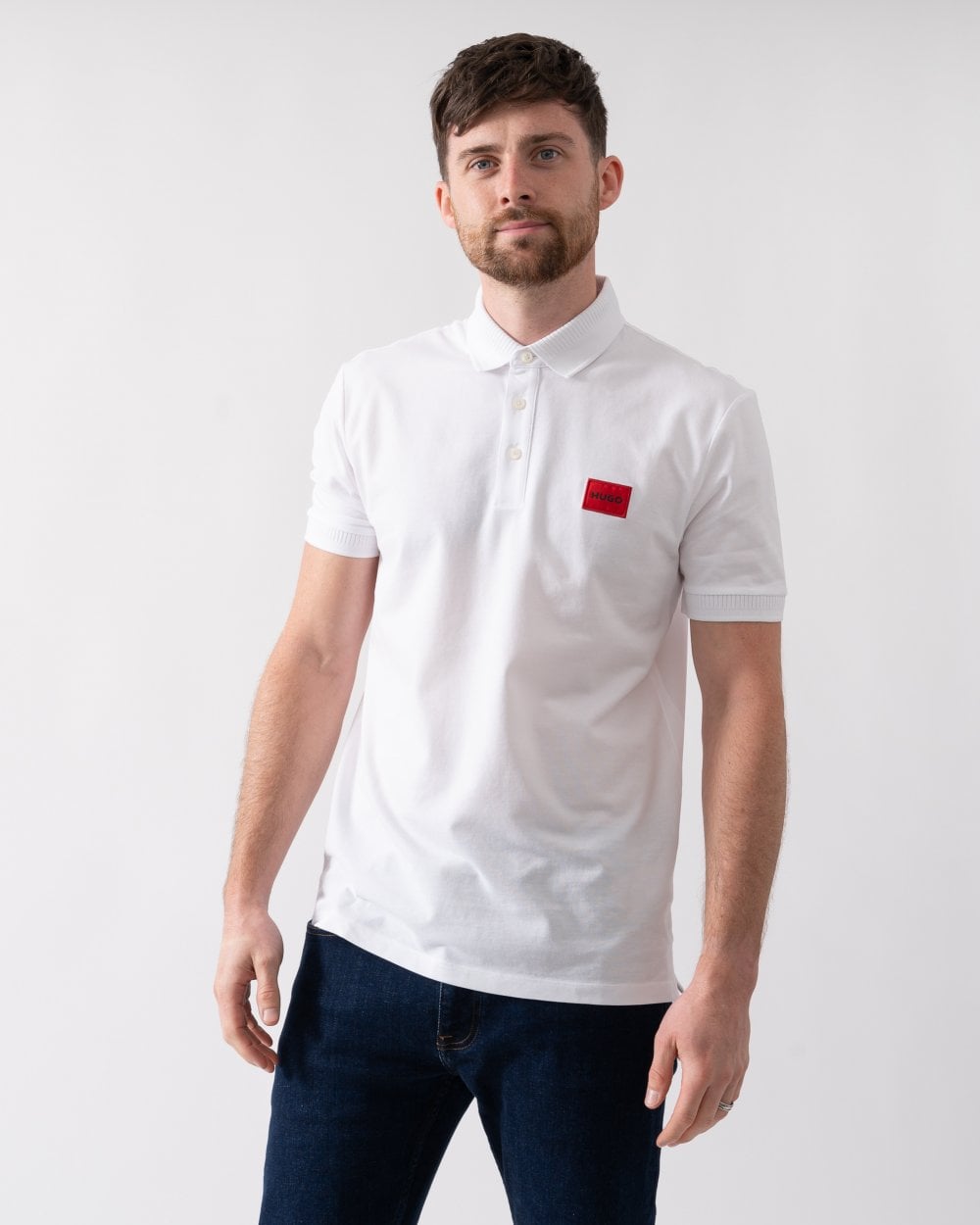 HUGO Dereso222 Mens Cotton Piqué Slim-Fit Polo Shirt with Logo Label NOS - White 100