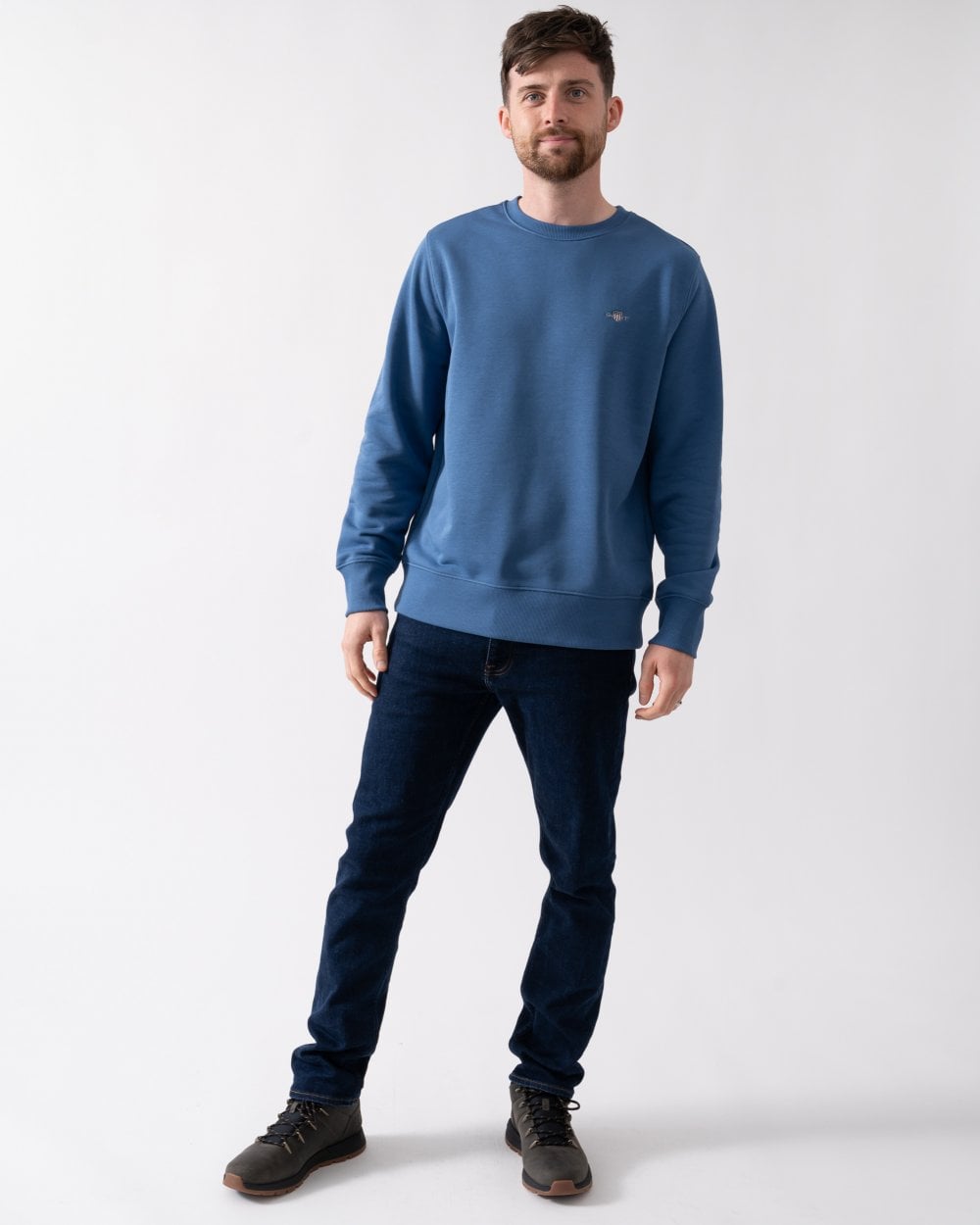 GANT Mens Regular Fit Shield Logo Crew Neck Sweatshirt - 442 Vintage Blue
