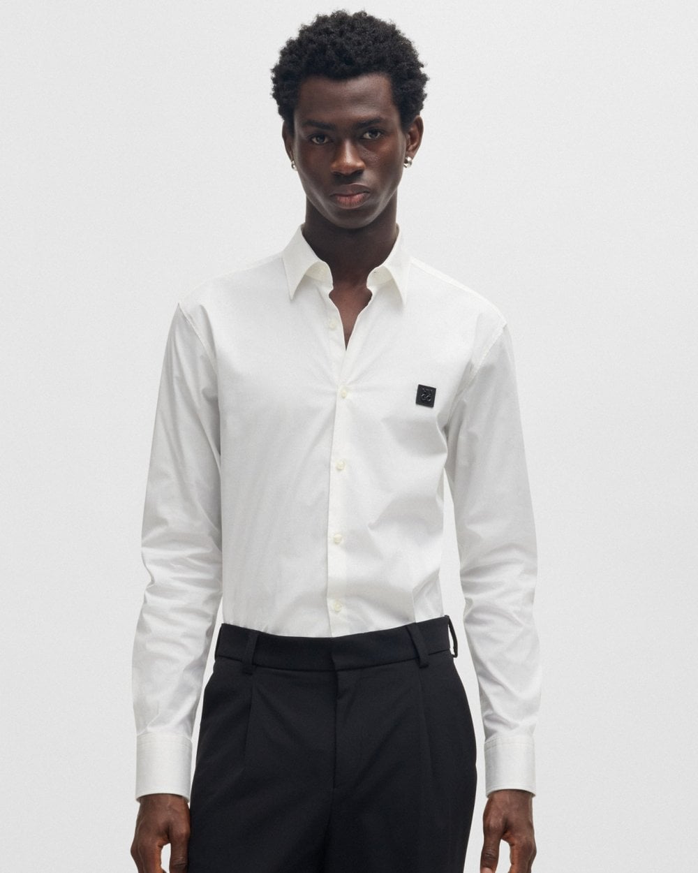 HUGO Ermo Mens Slim Fit Shirt in Stretch Cotton with Stacked Logo