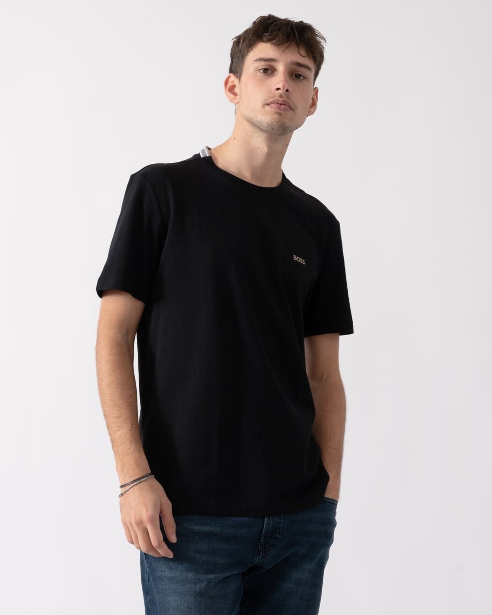 BOSS Green Taddy Mens Cotton Piqué T-Shirt with Oxford-Jacquard Back Collar - Charcoal 015