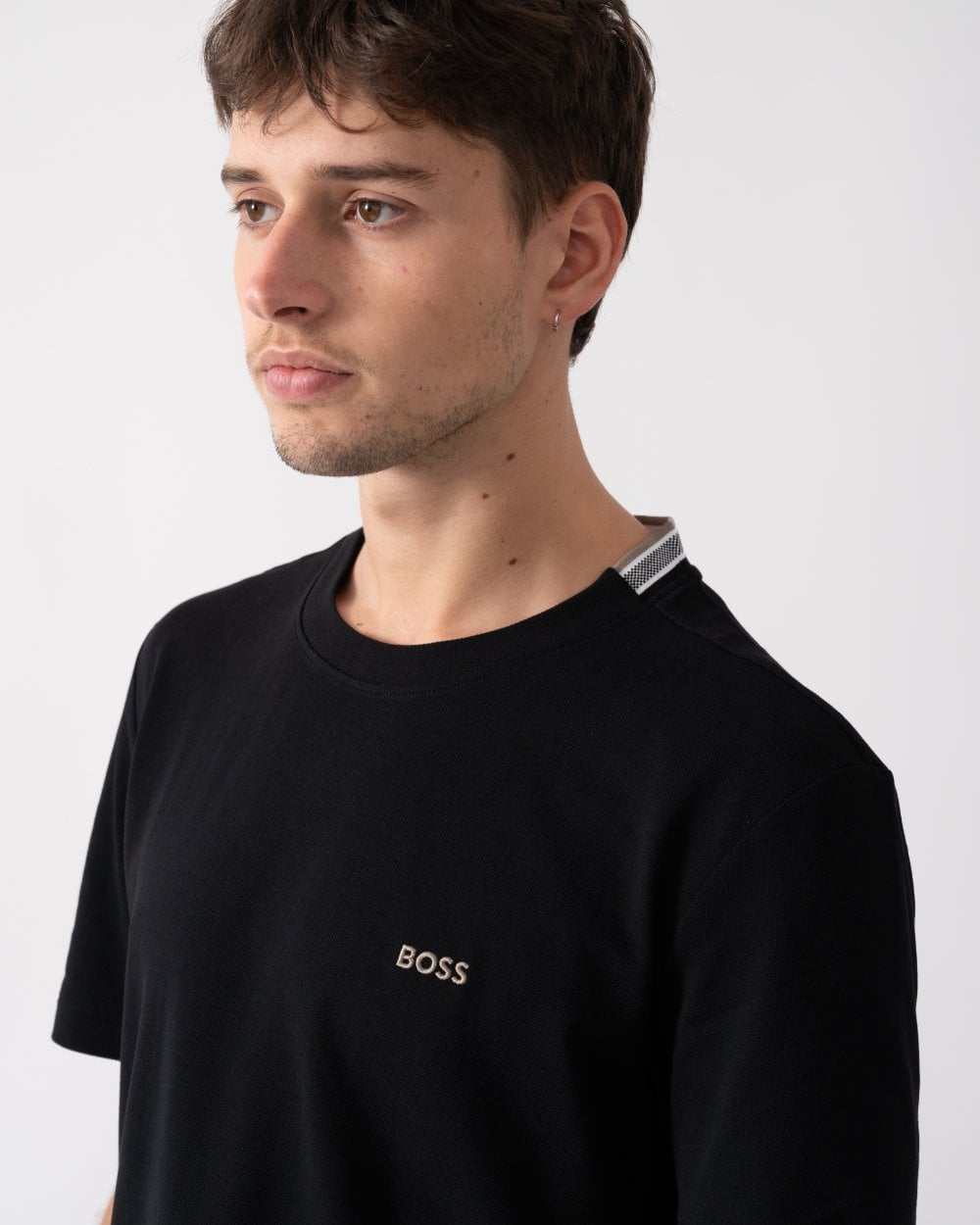 BOSS Green Taddy Mens Cotton Piqué T-Shirt with Oxford-Jacquard Back Collar - Charcoal 015