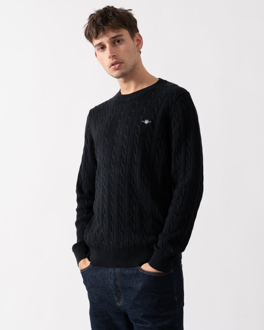 GANT Mens Cotton Cable Knit Crew Neck Jumper - 5 Black