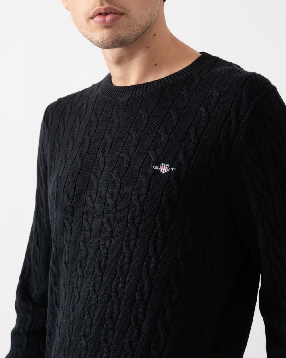 GANT Mens Cotton Cable Knit Crew Neck Jumper - 5 Black
