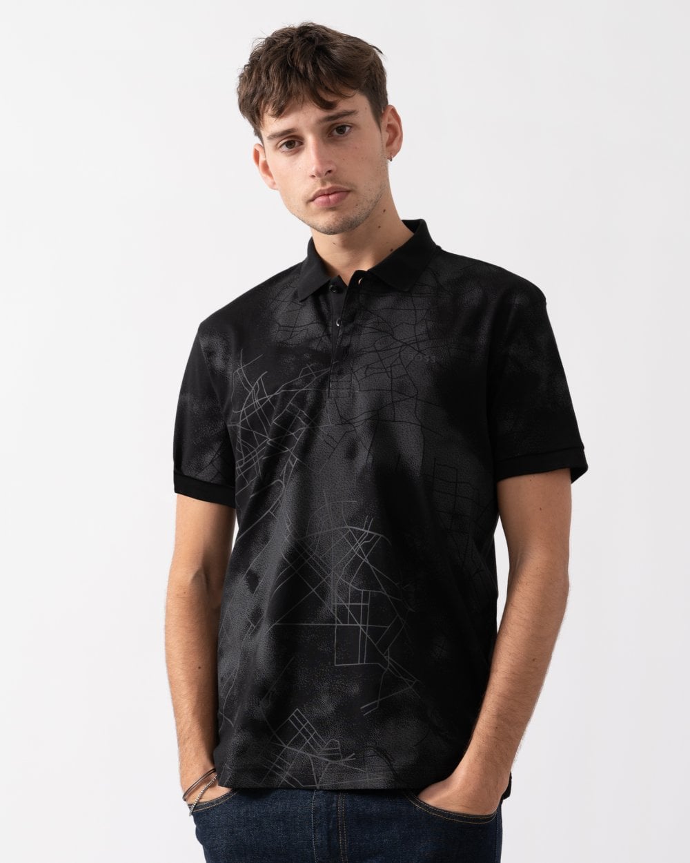 BOSS Green BOSS Green Paddy 3 Mens Cotton-Blend Polo Shirt with Decorative Reflective Print