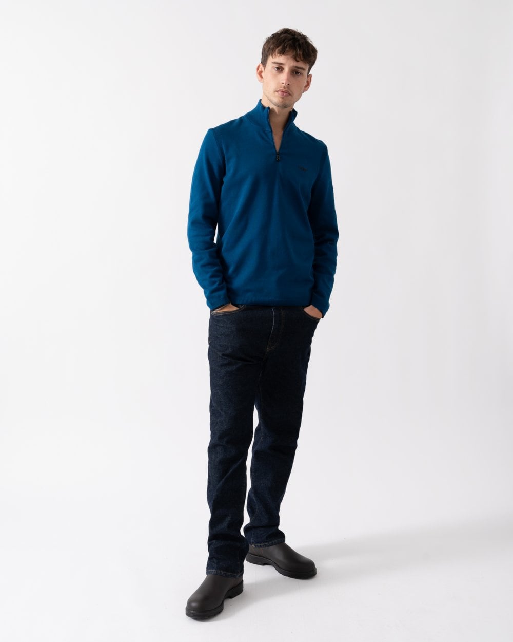 BOSS Green Ever-X Mens Cotton Blend Zip-Neck Sweater with Logo Print - Open Blue 494