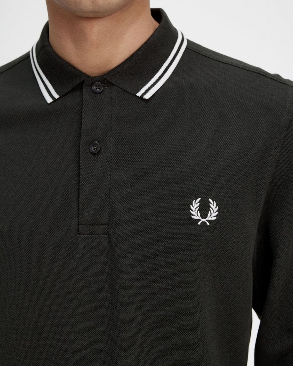 Fred Perry Mens Long Sleeve Twin Tipped Polo Shirt - Night Green/Snow White T50