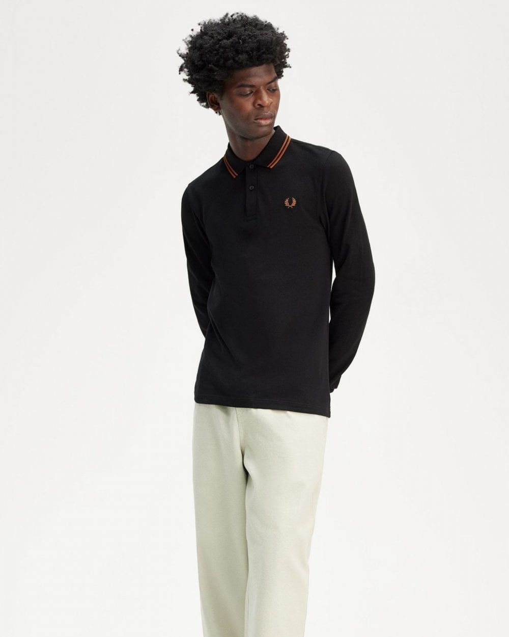 Fred Perry Mens Long Sleeve Twin Tipped Polo Shirt - Black/Marmalade W96