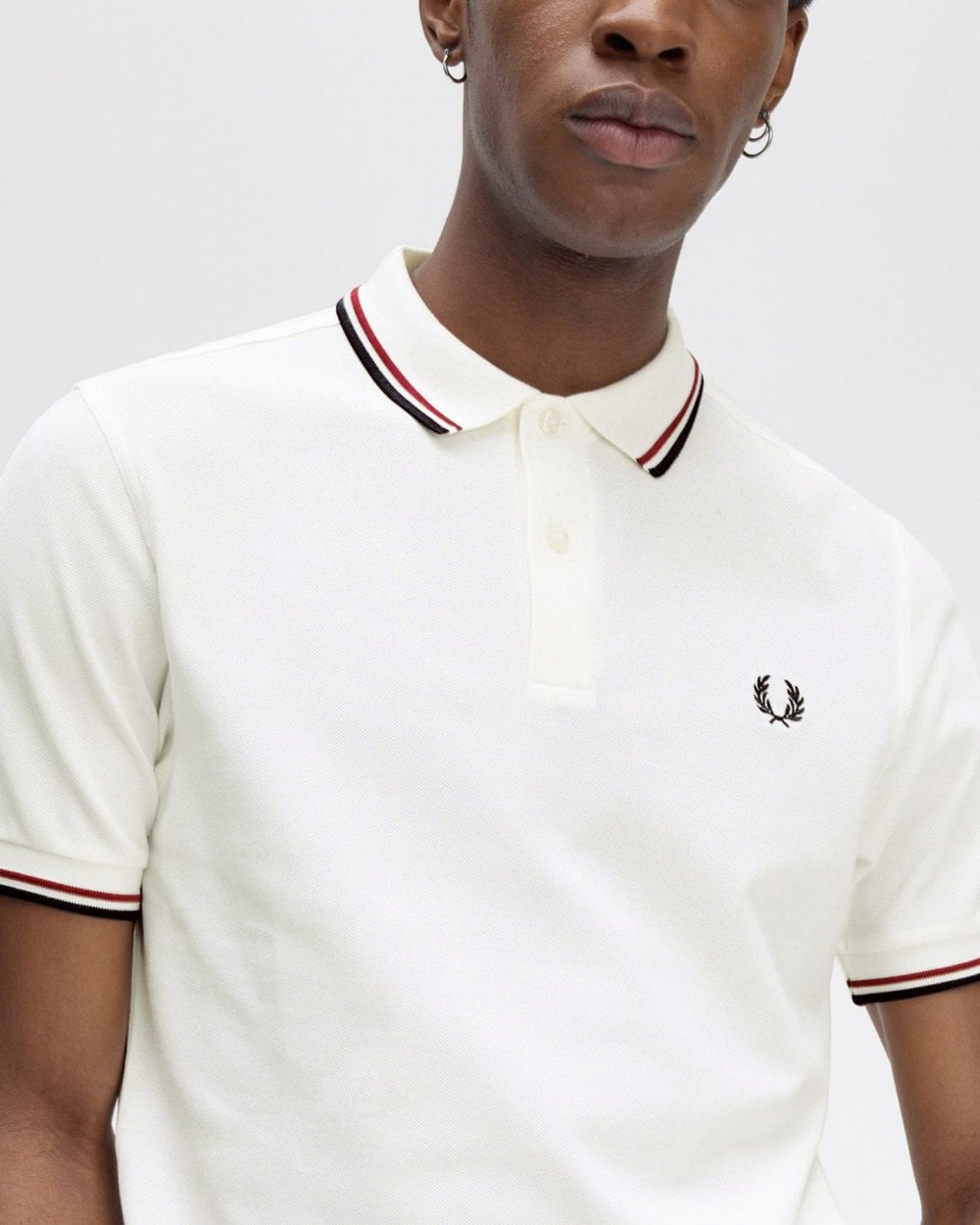 Fred Perry Mens Twin Tipped Signature Polo Shirt NOS - Snow White/Burnt Red/Navy T60