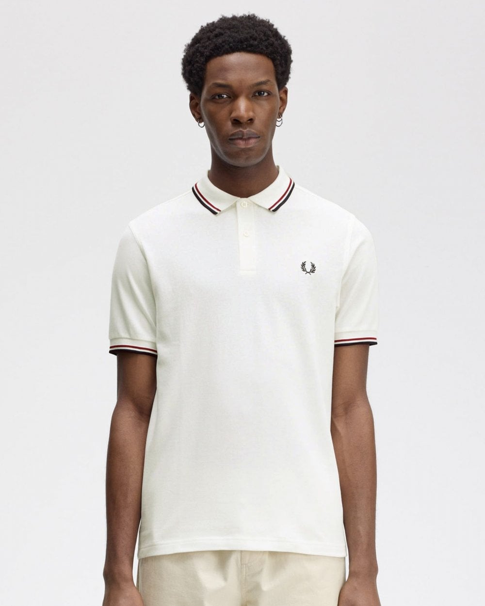 Fred Perry Mens Twin Tipped Signature Polo Shirt NOS - Snow White/Burnt Red/Navy T60