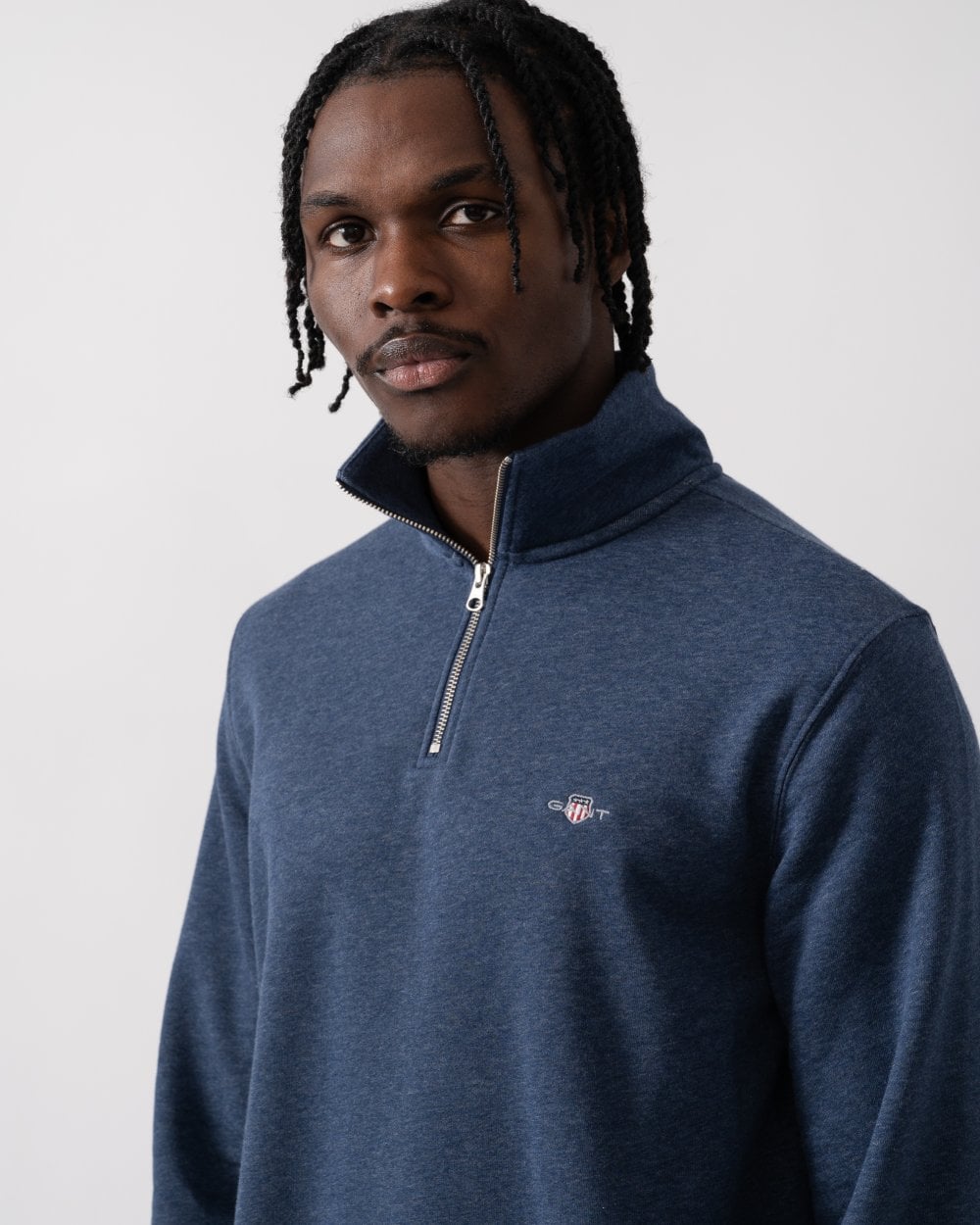 GANT Mens Regular Fit Shield Logo Half Zip Sweatshirt - 902 Dark Jeansblue Melange