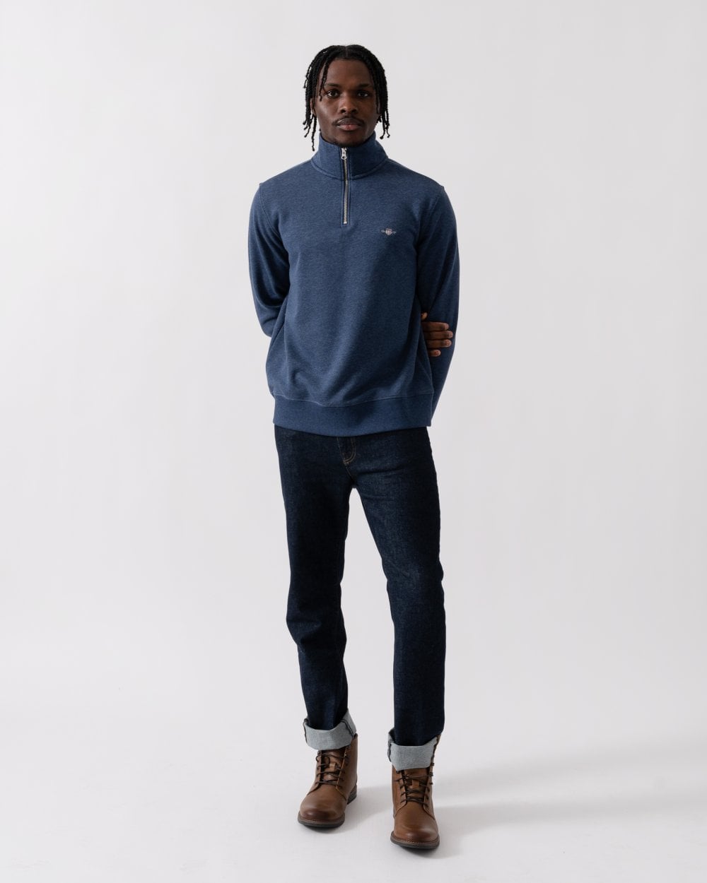 GANT Mens Regular Fit Shield Logo Half Zip Sweatshirt - 902 Dark Jeansblue Melange