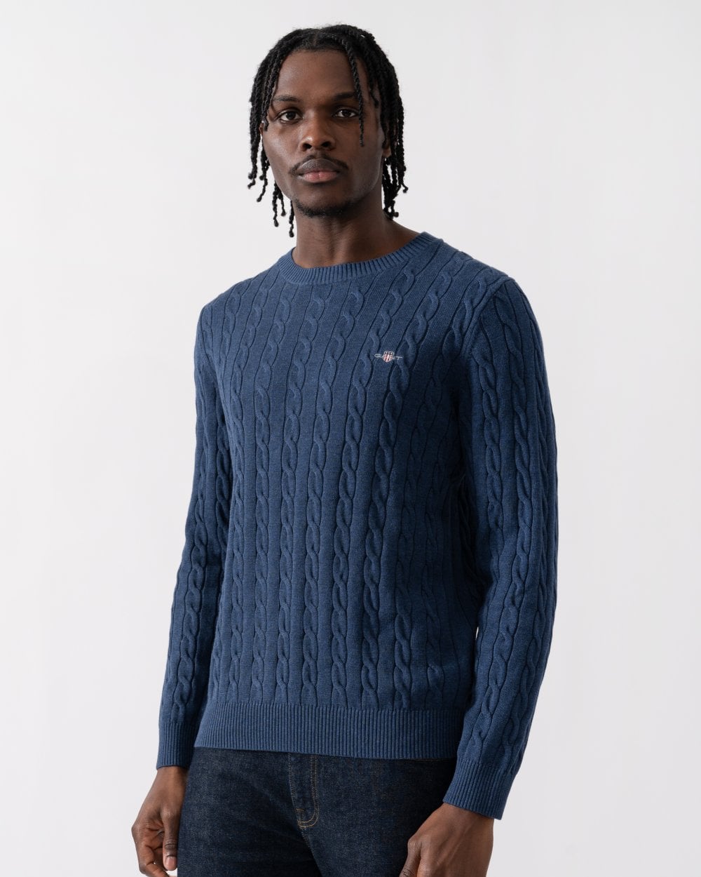 GANT Mens Cotton Cable Knit Crew Neck Jumper - 902 Dark Jeansblue Melange