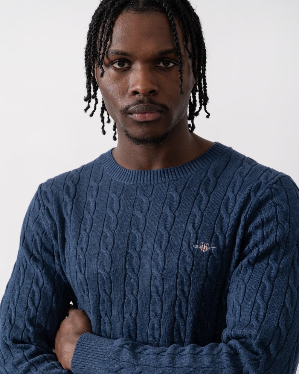 GANT Mens Cotton Cable Knit Crew Neck Jumper - 902 Dark Jeansblue Melange
