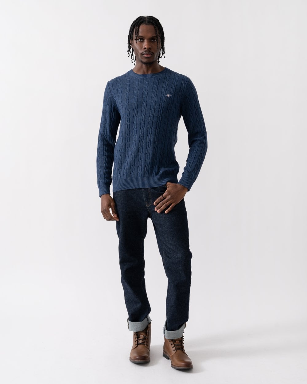 GANT Mens Cotton Cable Knit Crew Neck Jumper - 902 Dark Jeansblue Melange