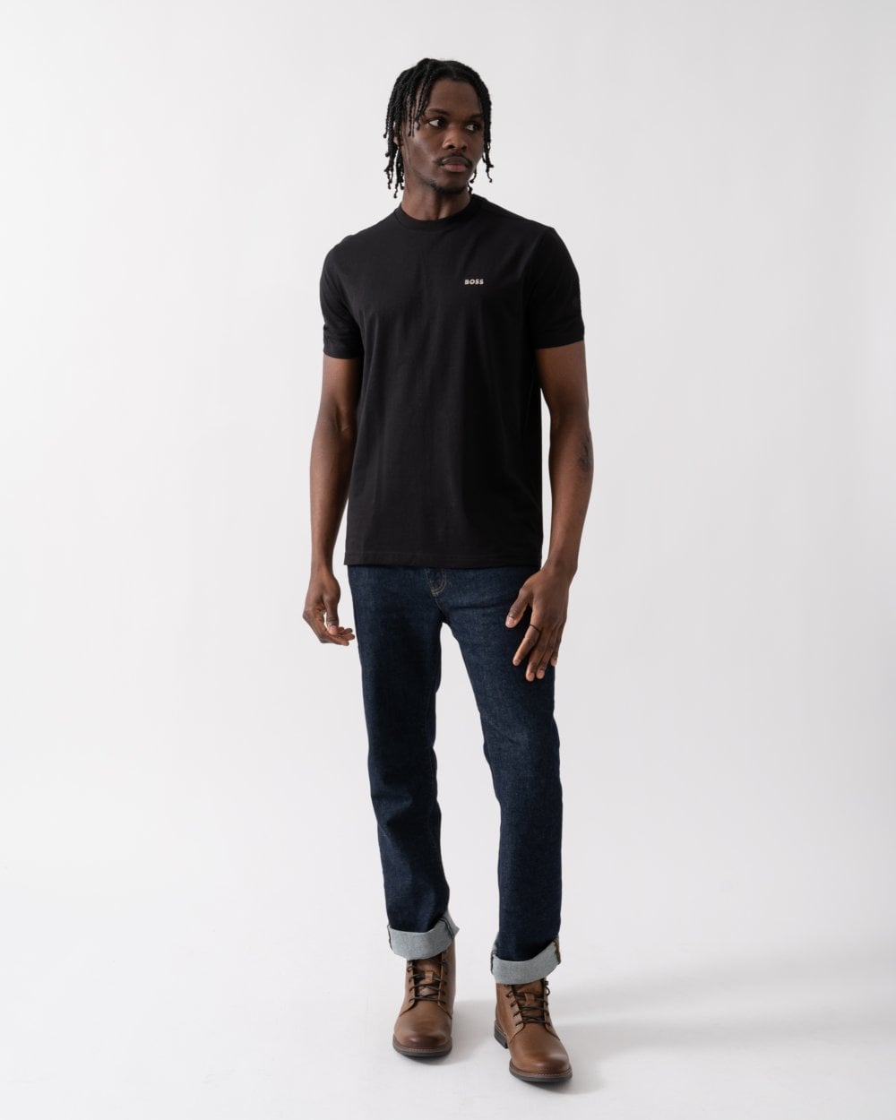 BOSS Green Tee Mens Stretch Cotton T-Shirt with Contrast Logo - Black 006