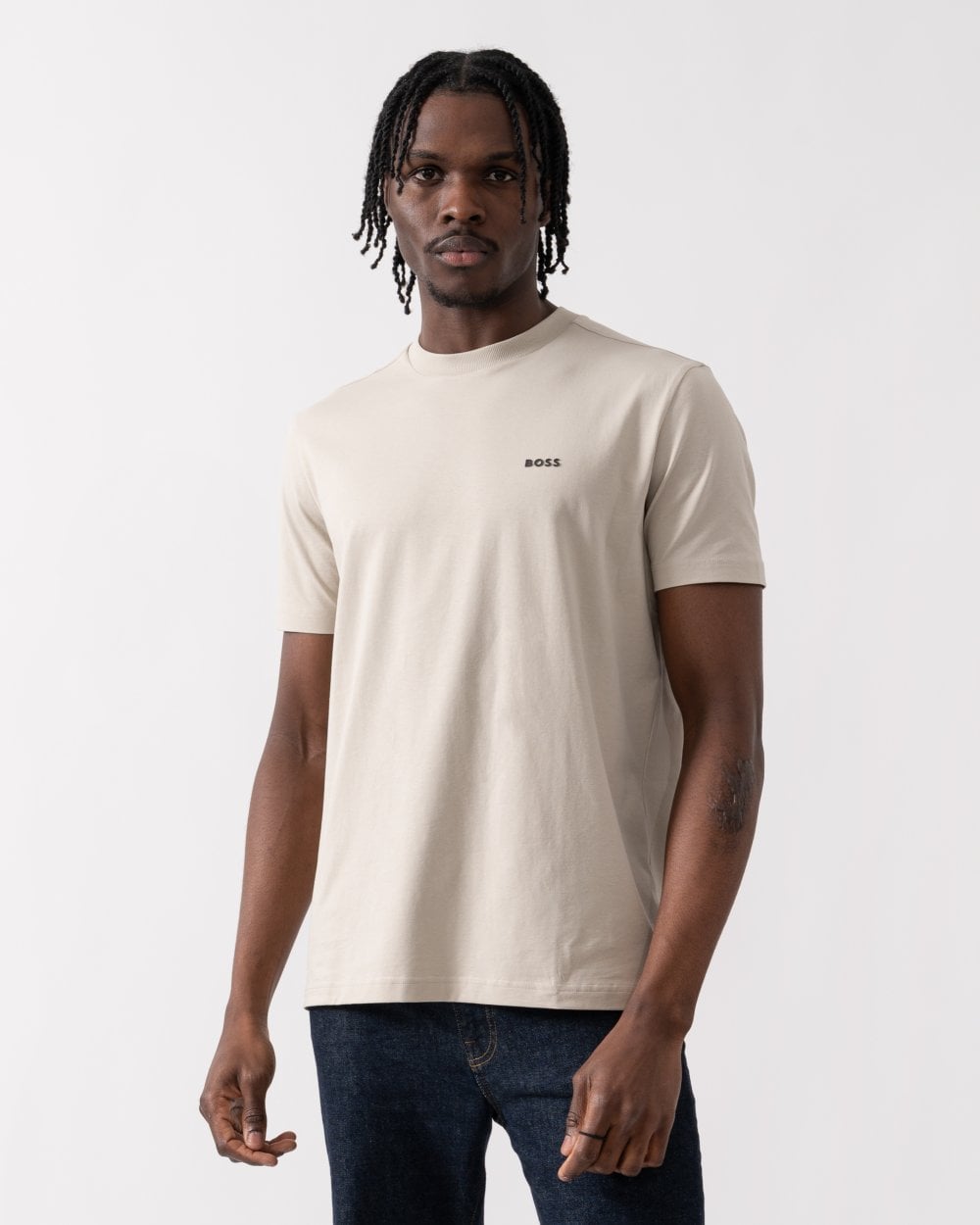 BOSS Green Tee Mens Stretch Cotton T-Shirt with Contrast Logo - Light Beige 273