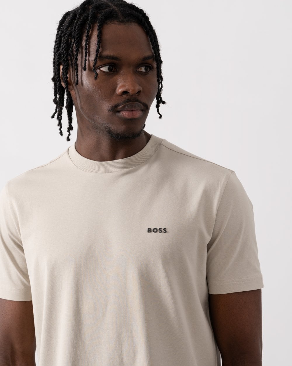 BOSS Green Tee Mens Stretch Cotton T-Shirt with Contrast Logo - Light Beige 273