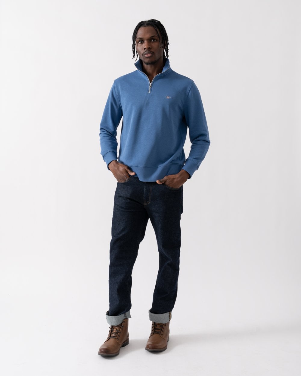 GANT Mens Regular Fit Shield Logo Half Zip Sweatshirt - 442 Vintage Blue