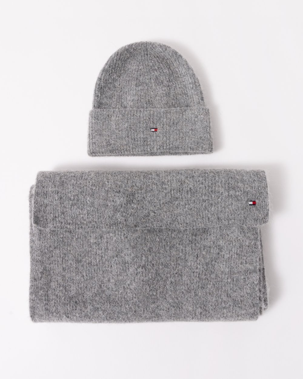Tommy Hilfiger Essential Flag Fuzzy Womens Beanie & Scarf Gift Set - Mid Grey Melange