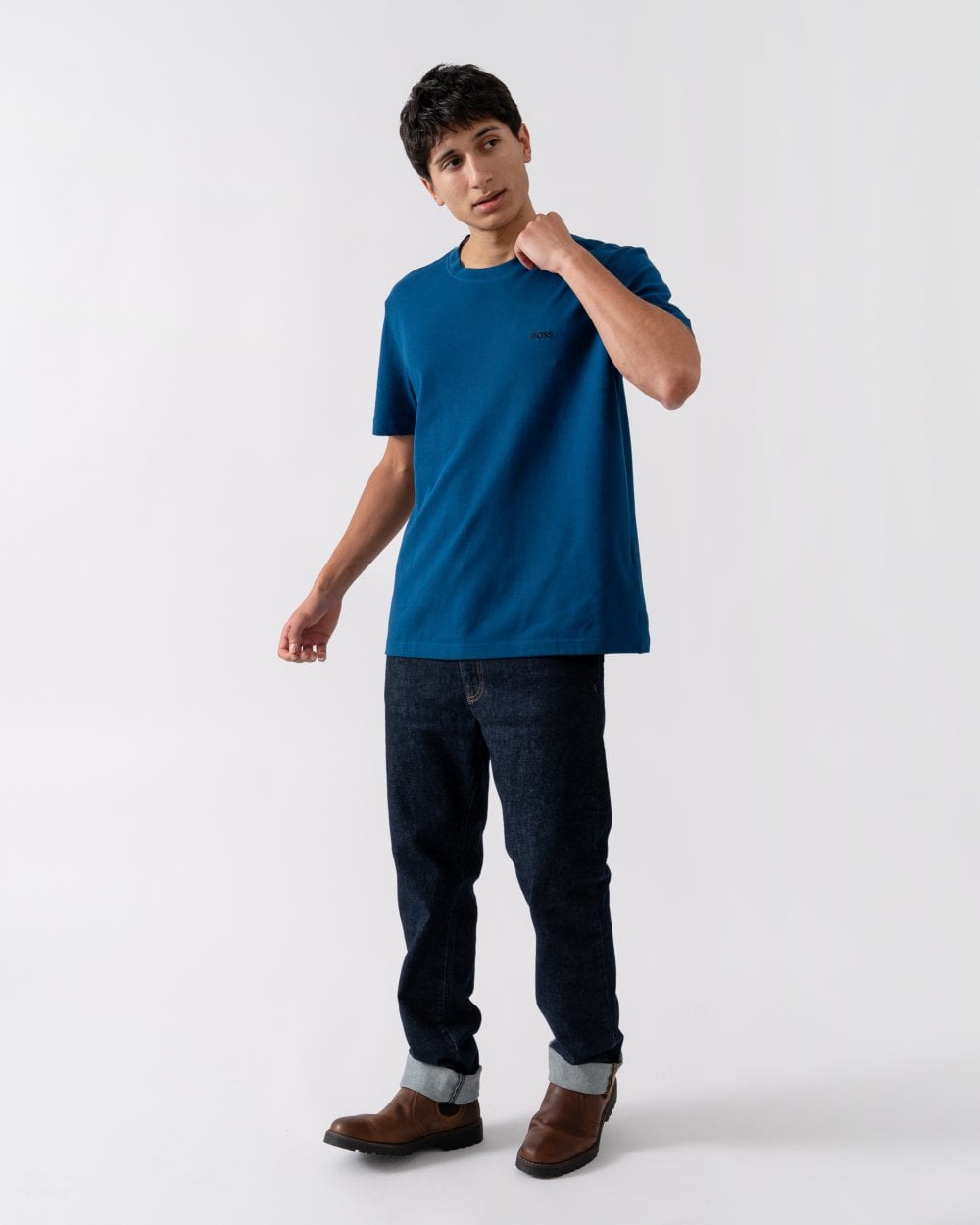 BOSS Green Taddy Mens Cotton Piqué T-Shirt with Oxford-Jacquard Back Collar - Open Blue 494