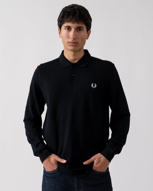 Fred Perry Mens Long Sleeve Plain Signature Polo Shirt NOS - Black/White 350