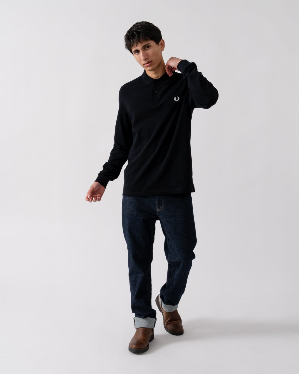 Fred Perry Mens Long Sleeve Plain Signature Polo Shirt NOS - Black/White 350