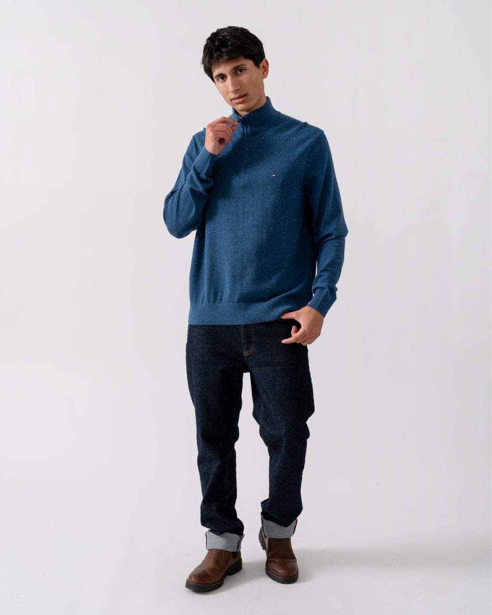 Tommy Hilfiger Organic Cotton Cashmere Mens Zip-Mock Sweater - Donegal Aegean Sea