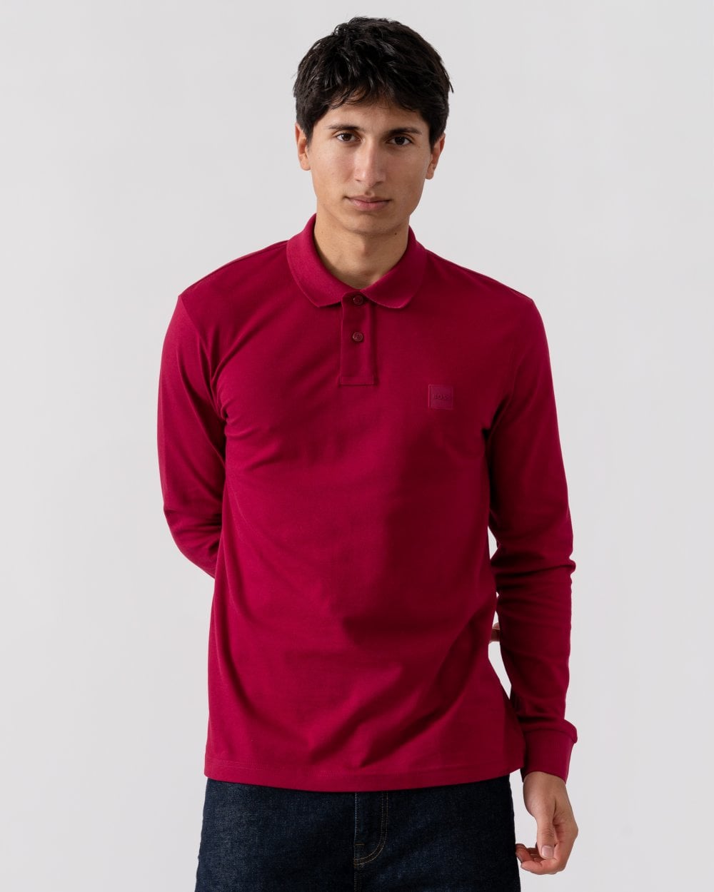 BOSS Orange Passerby Mens Long Sleeve Stretch-Cotton Polo Shirt with Logo Patch