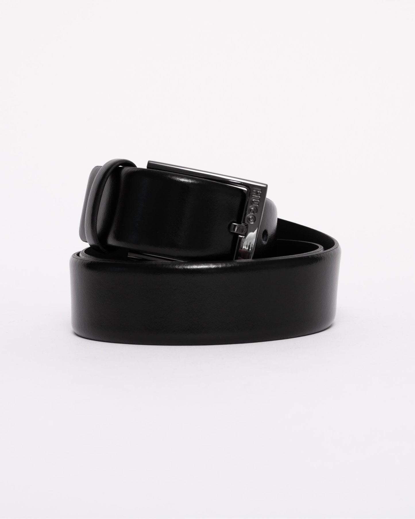HUGO Garney Mens Italian-Leather Belt with Polished Gunmetal Hardware