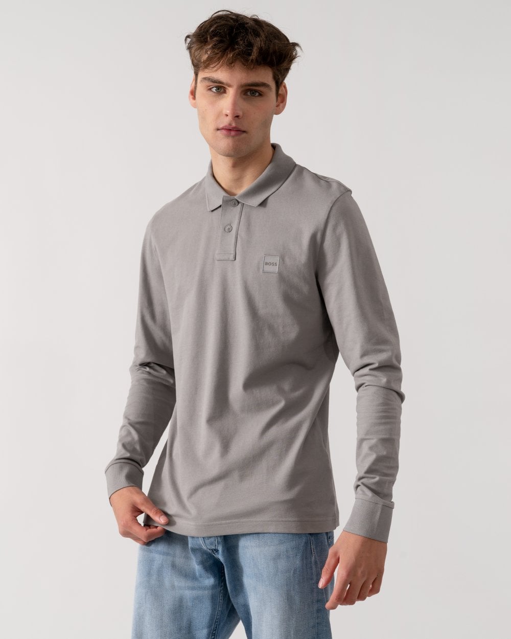 BOSS Orange Passerby Mens Long Sleeve Stretch-Cotton Polo Shirt with Logo Patch