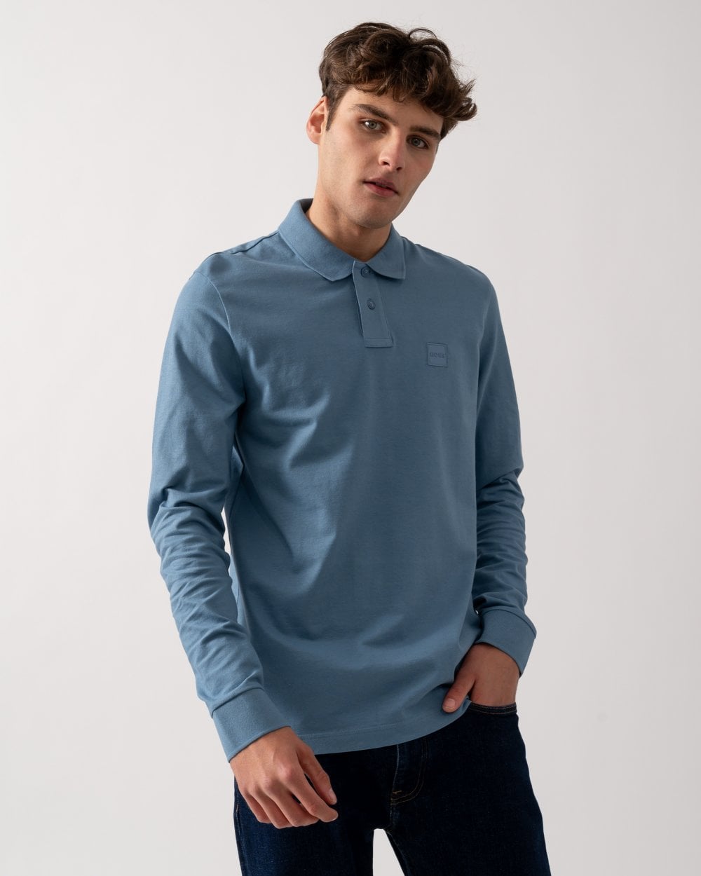 BOSS Orange Passerby Mens Long Sleeve Stretch-Cotton Polo Shirt with Logo Patch