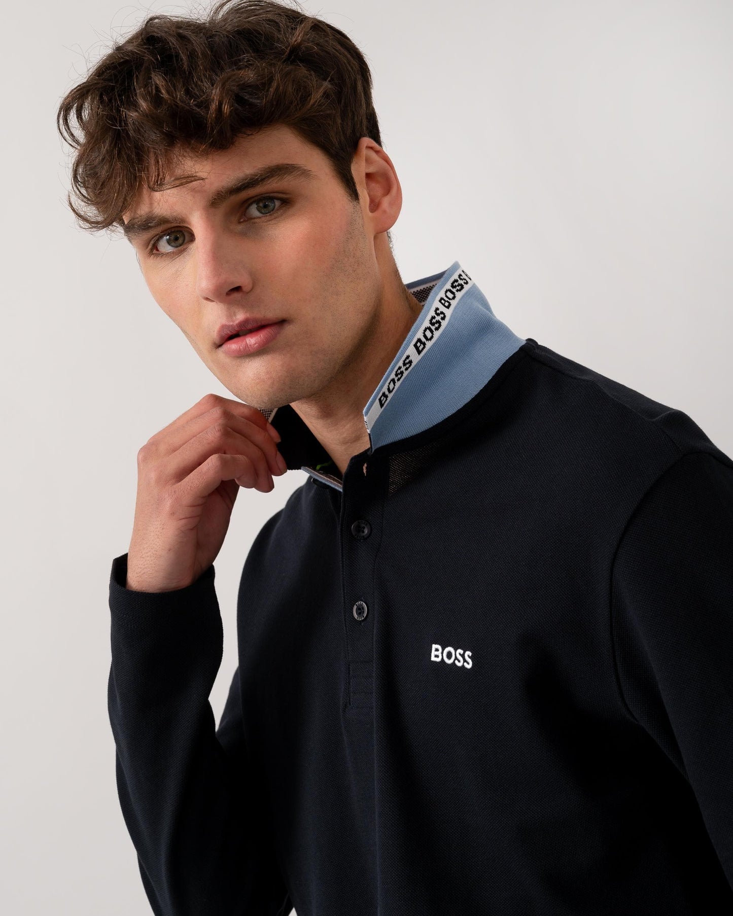 BOSS Green Plisy Mens Long Sleeve Polo Shirt - Dark Blue 409