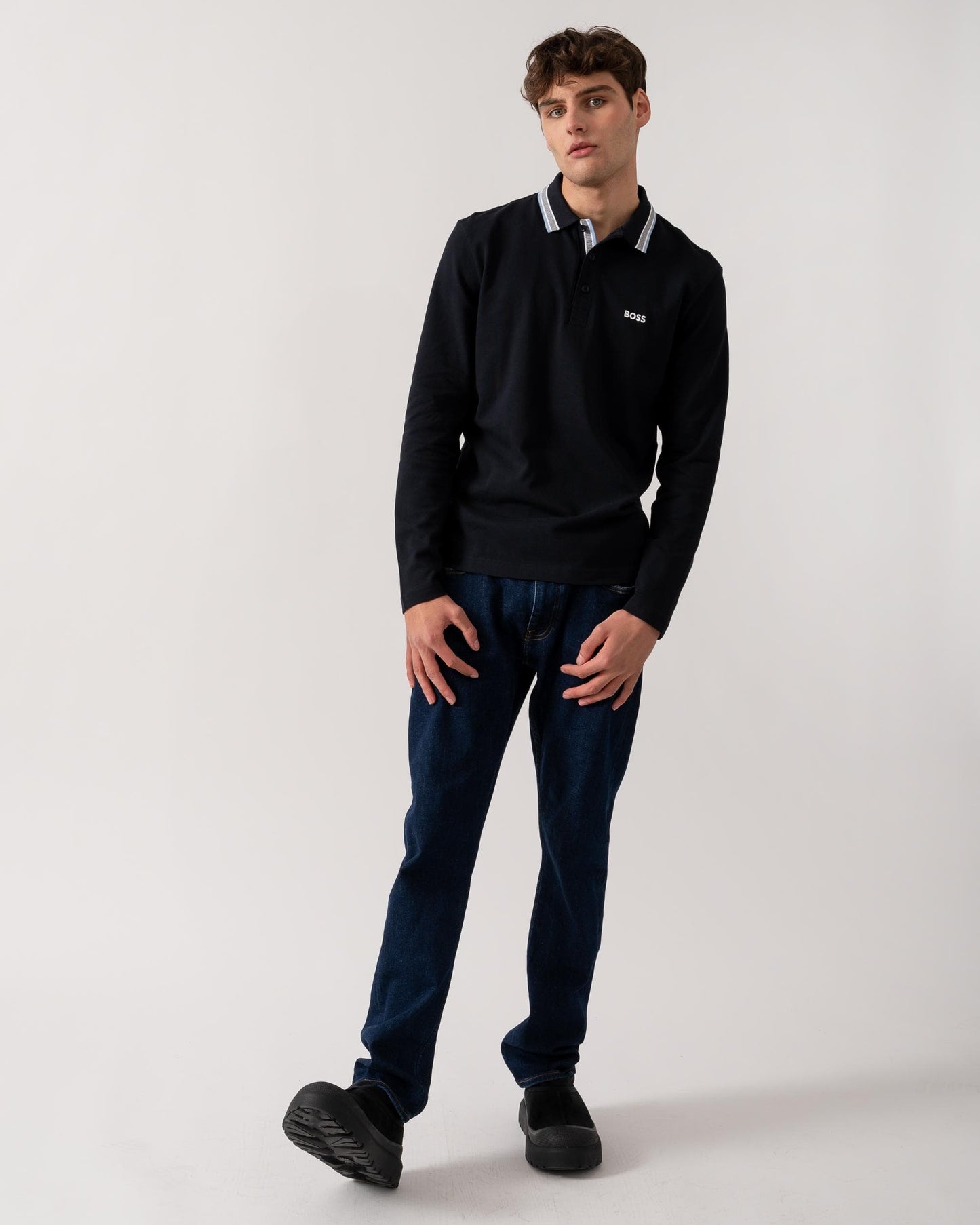 BOSS Green Plisy Mens Long Sleeve Polo Shirt - Dark Blue 409