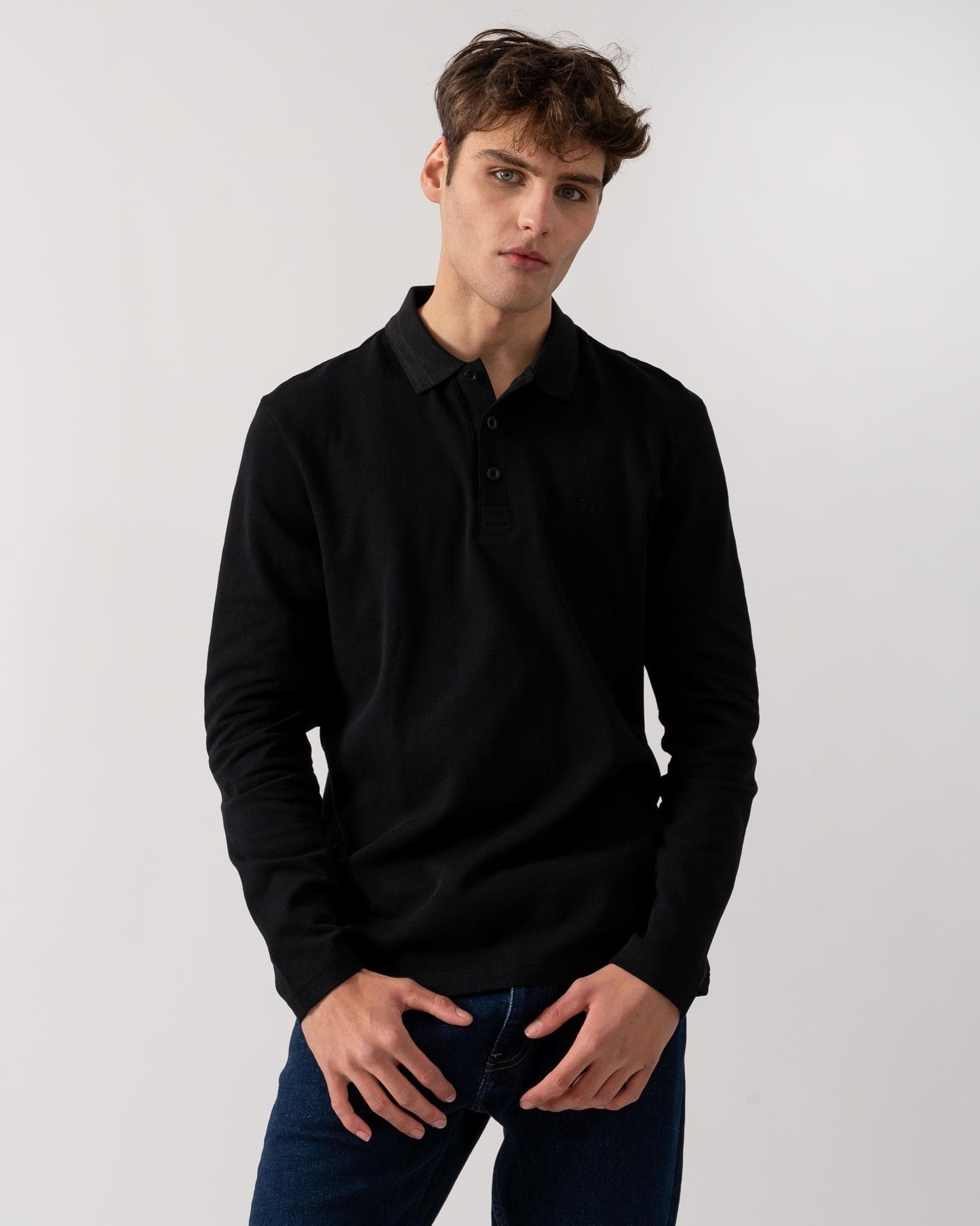 BOSS Green Plisy Mens Long Sleeve Polo Shirt - Black 009