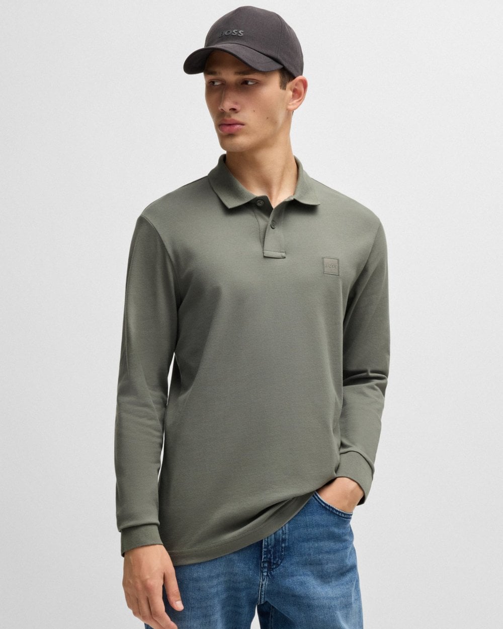 BOSS Orange Passerby Mens Long Sleeve Stretch-Cotton Polo Shirt with Logo Patch