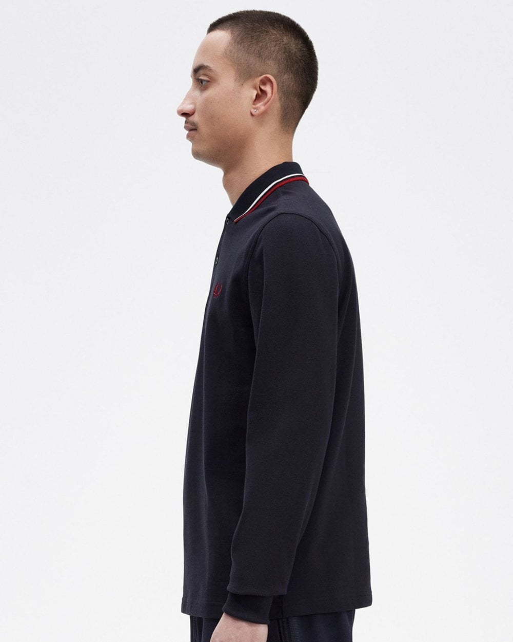 Fred Perry Mens Long Sleeve Twin Tipped Polo Shirt - Navy/Snow White/Burnt Red T55