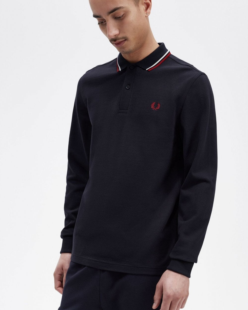 Fred Perry Mens Long Sleeve Twin Tipped Polo Shirt - Navy/Snow White/Burnt Red T55