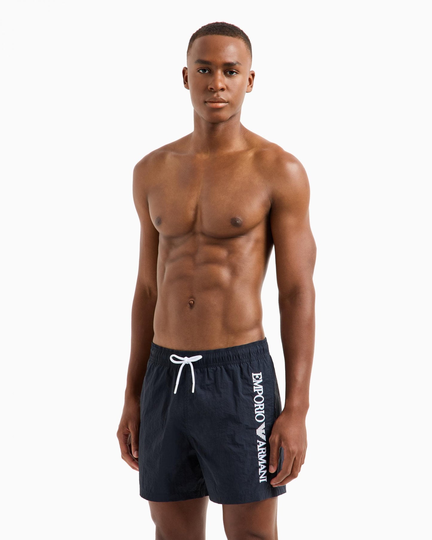 Emporio Armani Mens Swim Shorts with Vertical Logo Embroidery